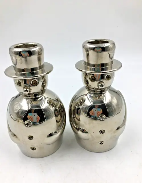 Set of 2 Silver Tone Heavy Metal SNOWMAN Taper CANDLE HOLDERS ~ 5 Inches tall
