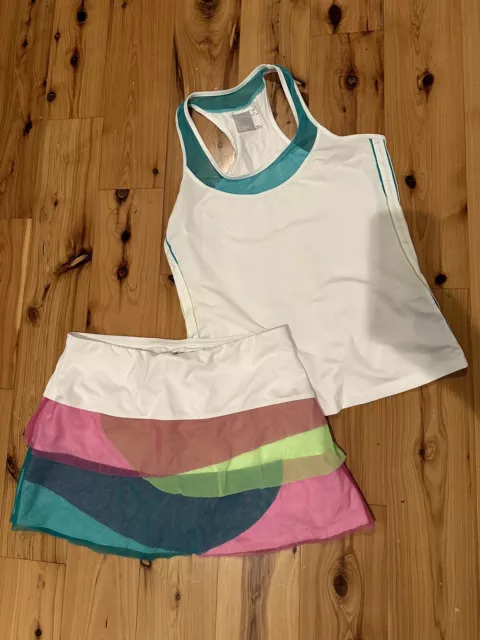 Lucky in love tennis skirt and shirt size medium 8–10 white pink green blue Tank