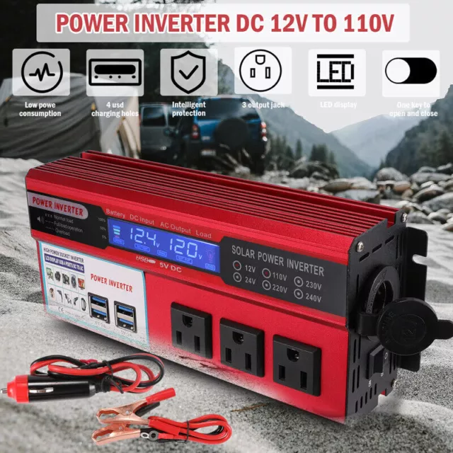 6000W LCD Car Power Inverter DC 12V To AC 110V Pure Sine Wave Solar Converter