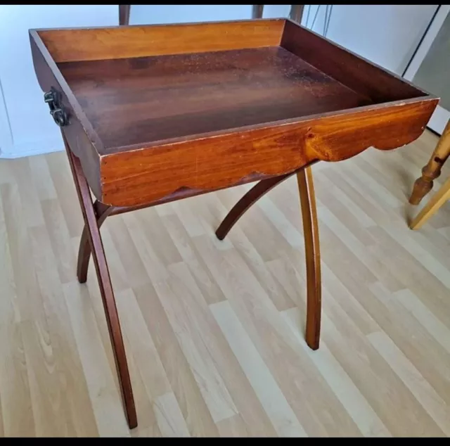 PIER, 21st C. Folding Teak Tray/Butlers Table with Iron Handles & Scalloped Edge