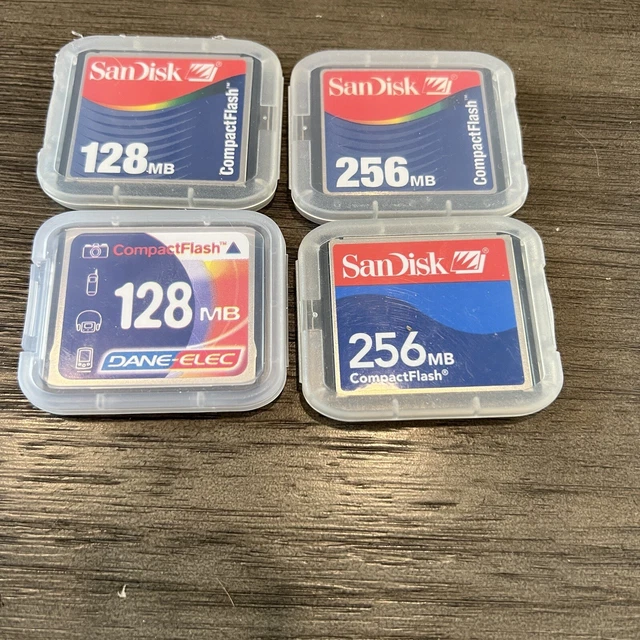 Lote de 4 tarjetas flash compactas SanDisk 256 MB 128 MB CompactFlash DaneElec