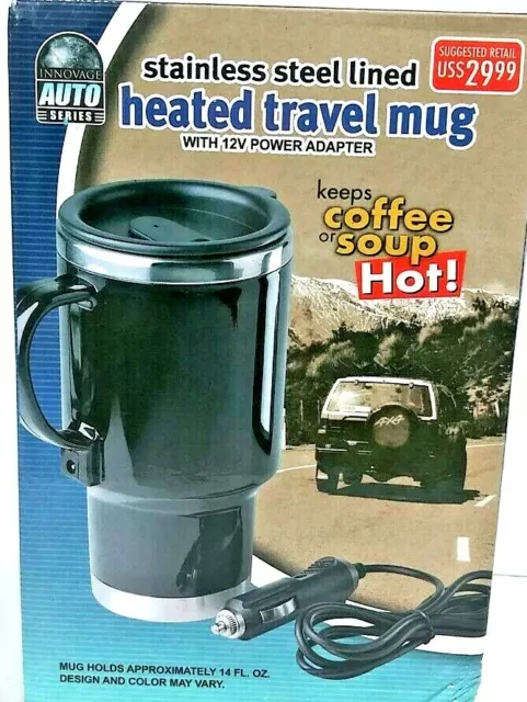 Heated Auto Mug Stainless Steel, 12V Car Power Adapter- Coffee, Tea *Free Ship*