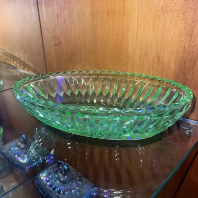 Crown Crystal 1940s Green Uranium Depression Glass Ribbed Oval Serving Dish 2