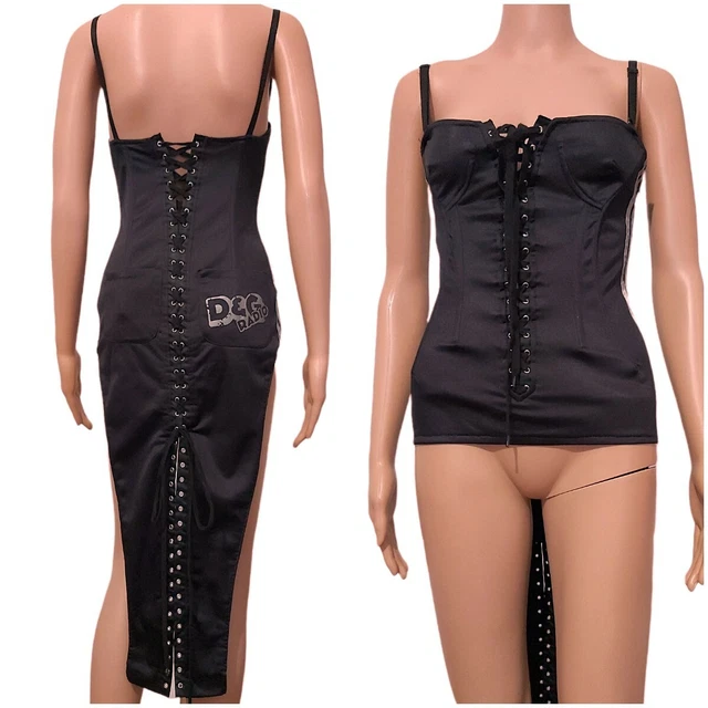 Stunning DOLCE GABBANA RARE Corset Bustier Lace Up Black Top Dress Logo Print XS