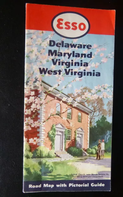 1950 Delaware Maryland Virginia W road map Esso oil gas pictorial Pohick Church