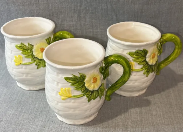 VINTAGE SET 3 LEFTON Rustic Daisy Flower Basket Weave Mug Cup 1950's 4468