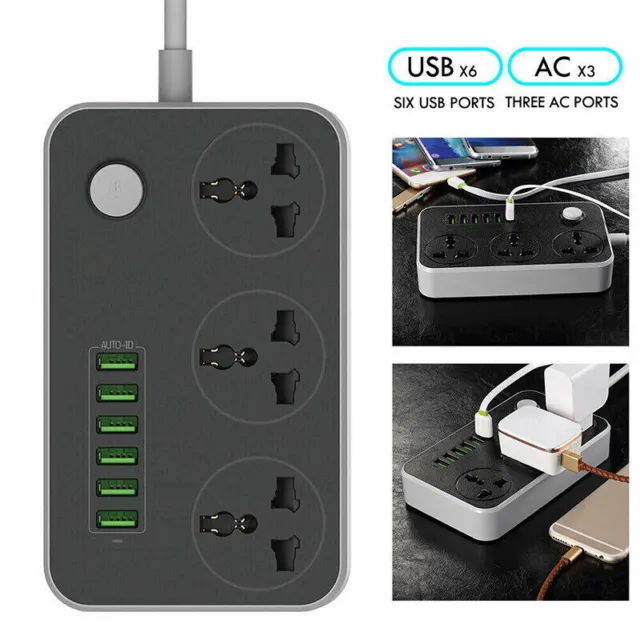 Extension Lead with USB C PD 20W 6 USB Port 3 way Power Strips Surge Protector