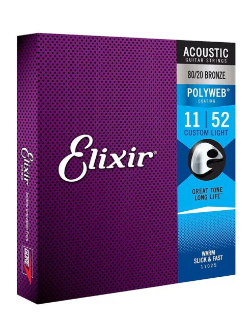 Elixir 11025 Polyweb 80/20 Bronze Acoustic Guitar Strings, Custom Light 11-52