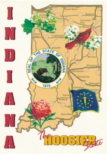 Map of Indiana and State Seal - Bird Cardinal - Flower Peony - Tree Tulip Tree