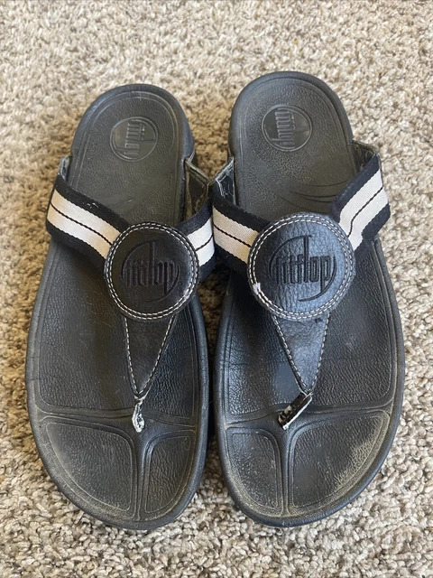FitFlop Walkstar Black Slip On Open Toe Strappy Stretchy Flat Slides Sandals 9
