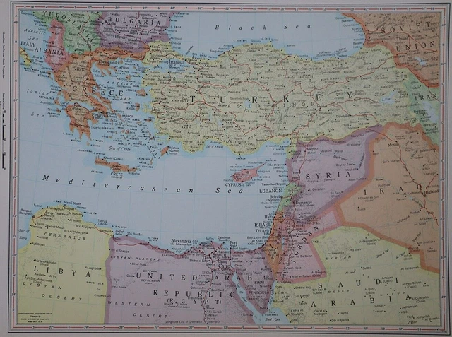 Vintage 1967 Rand McNally Atlas Map ~ SYRIA, IRAQ, TURKEY, GREECE, EGYPT, LIBYA
