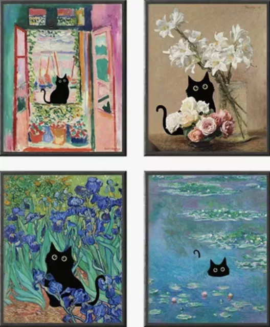 🐈‍⬛ 4 Pc Various Artists Monet..Canvas Wall Art. Funny Black Cat.   Must L@@k❤️