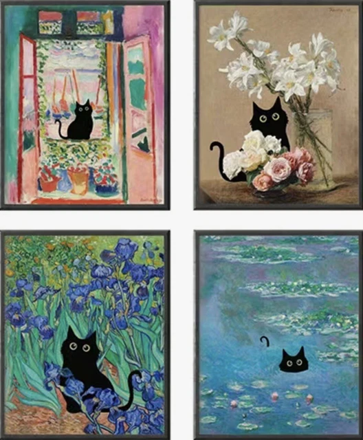 🐈‍⬛ 4 Pc Various Artists Monet..Canvas Wall Art. Funny Black Cat.   Must L@@k❤️
