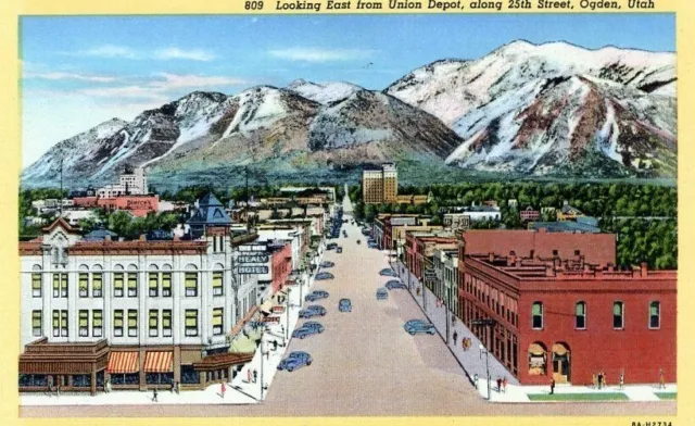 Postcard Looking East from Union Depot Along 25th St. Ogden Utah UT c1940s VTG