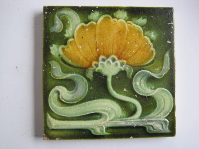 ANTIQUE 6" ART NOUVEAU MAJOLICA EMBOSSED TILE - H. RICHARDS - RD. 404327 c1904