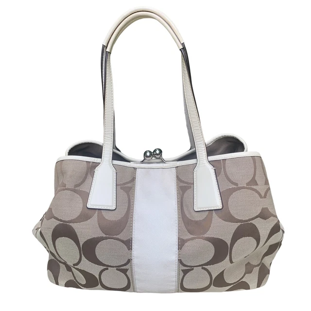 Coach Signature Carryall Kisslock 13533 Tote Shoulder Bag Purse Tan White