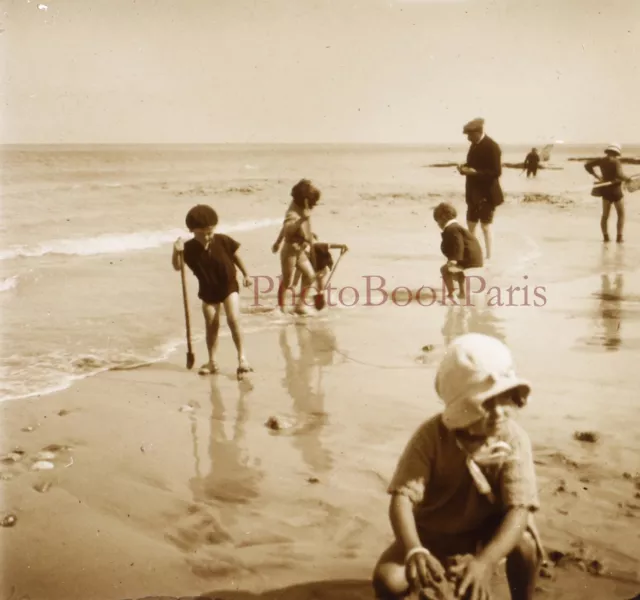 France Famille à la plage c1930 Photo Plaque Stereo Vintage V33L19n