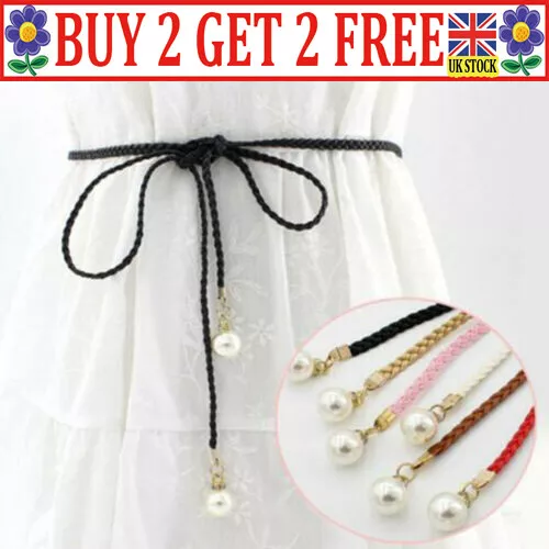 Women Ladies Pearl Braided Waist Belt Woven Belt for Dress Self-Tie Rope Belt CO