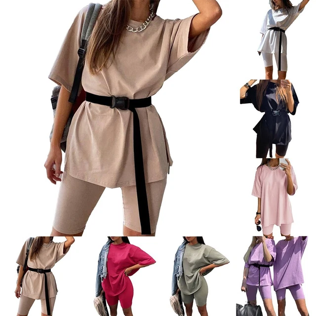 Elegante set tuta da allenamento rosa taglie forti t-shirt e pantaloncini da bicicletta donna