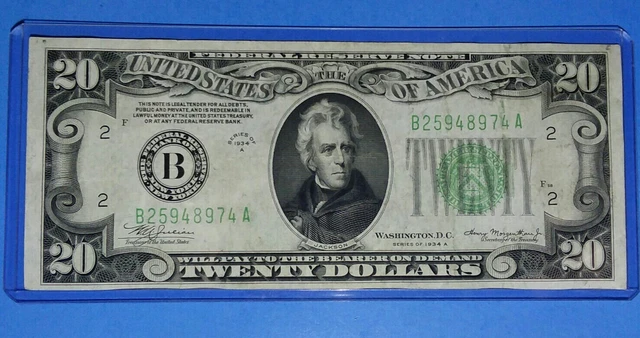 *1934 A $20 ~Frn B- New York! Dark Blue Green Seal, Xf. Crisp !  Old Us ! Nice !