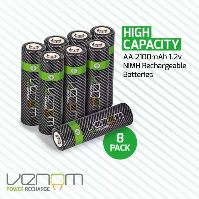 Venom Rechargeable AA Batteries - High Capacity 2100mAh 1.2V NiMH - Pack of 8