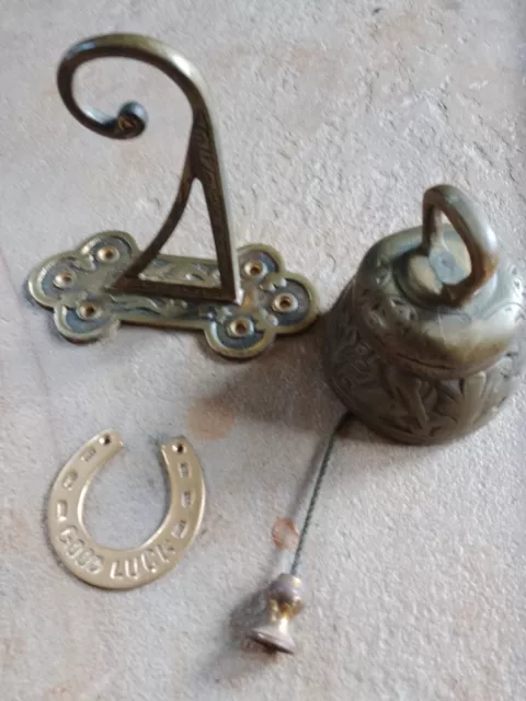 Vintage Solid Brass Wall Hanging Sanctuary Bell Plus Brass Lucky Horseshoe