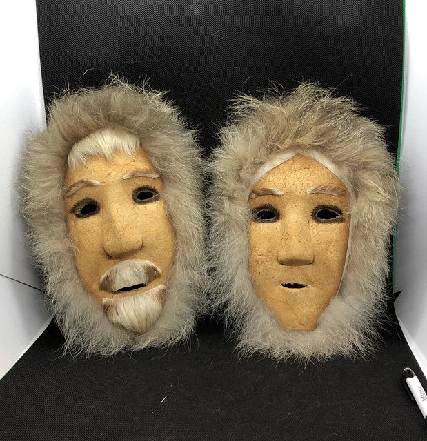 Vintage Eskimo Inuit Alaskan Caribou Skin and Fur Masks Man & Woman Couple