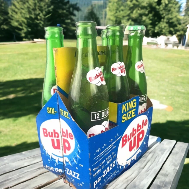 1962 BUBBLE UP Soda Carrier and SIX King Size Green Glass Bottles RARE