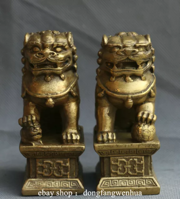 China Pure Bronze Fengshui Foo Fu Dog Guardion Door Lion Pair Auspicious Statue