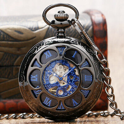 Mens Skeleton Pocket Watch Mechanical Luxury with Chain Steampunk Watches Gifts
