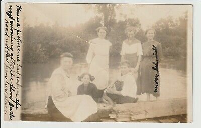 RPPC Schmidt Family outing / walk on flooded road 1910s era Real Photo Postcard