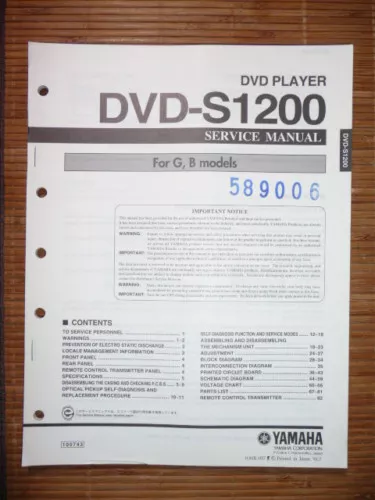 Service Manuelle Yamaha DVD-S1200 Lecteur DVD, Original