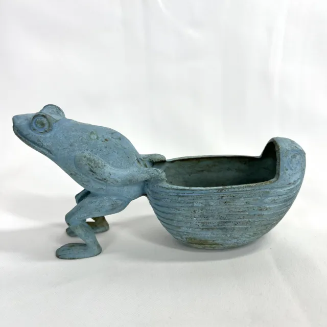 Vintage Frog Pulling Sea Shell Brass Metal Teal Patina Planter Container Holder