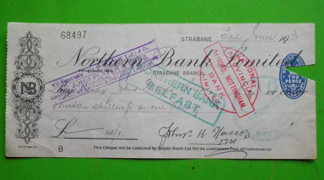 VINTAGE NORTHERN BANK LTD, BELFAST CHEQUE 1931 to JOHN PLAYER & SONS CIGARETTES
