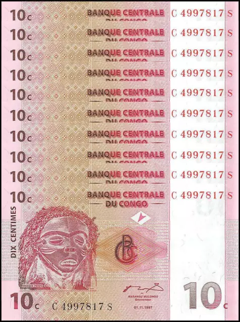 Congo Democratic Republic 10 Centimes, 1997, P-82, UNC X 10 PCS