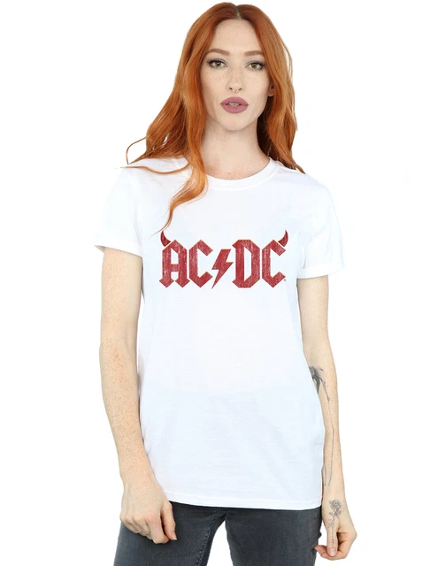 LADIES AC/DC HORNS Logo Boyfriend Fit White Autorisé Femmes Dames T ...