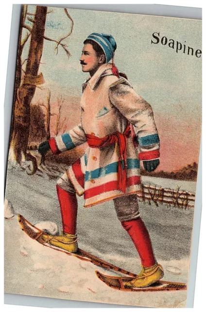 1880s-90s Winter Trade Card Soapine Victorian Ri Providence Snow Shoes Man