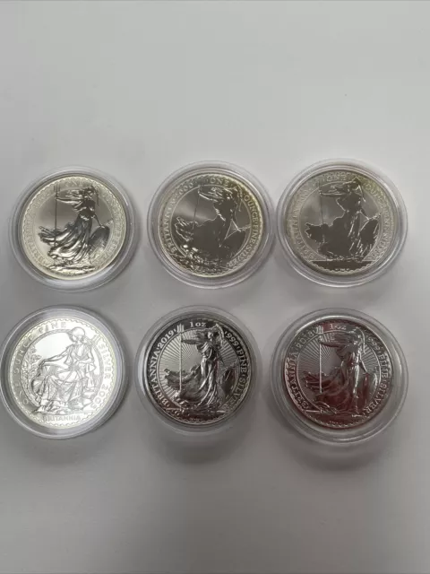 1 Oz One Ounce Britannia 2 Pound Silver Coins X 6 2000 2002 2004 2005 2018 2019
