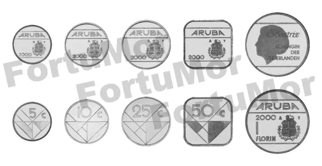 Aruba 5 Pcs UNC Coins Set, 5 10 25 50 Cents 1 Florin 2006 2011