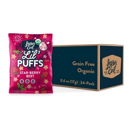 LesserEvil Strawberry Beet Lil' Puffs Organic Snacks for Kids Rice-Free 0g Su...