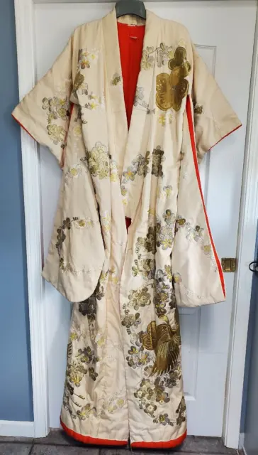 Hayashi Japanese Uchikake Wedding Kimono Metallic Embroidery Silk Crane Gold VTG