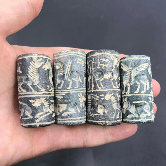 4 Pieces Sassanian Near Eastern Old Jasper Stone Intaglio Cylinder Seal Beads