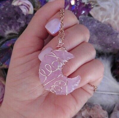 Rose Quartz Crescent Moon Wire Wrapped Heart Healing Reiki Charged Pendant