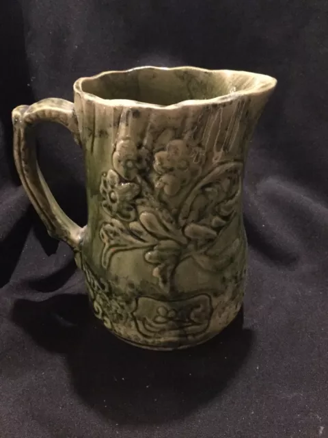 Antique Majolica Green Pitcher Floral j2