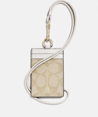 Coach ID Lanyard In Signature Canvas Badge Card Holder NEW Chalk And Light Khaki