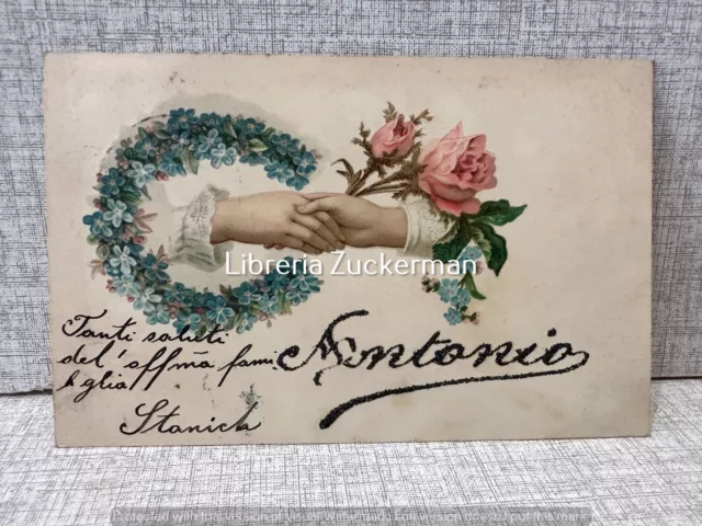 CARTOLINA ANTICA ILLUSTRATA Primo 900 - Scambio Di Fiori e Scritta Antonio