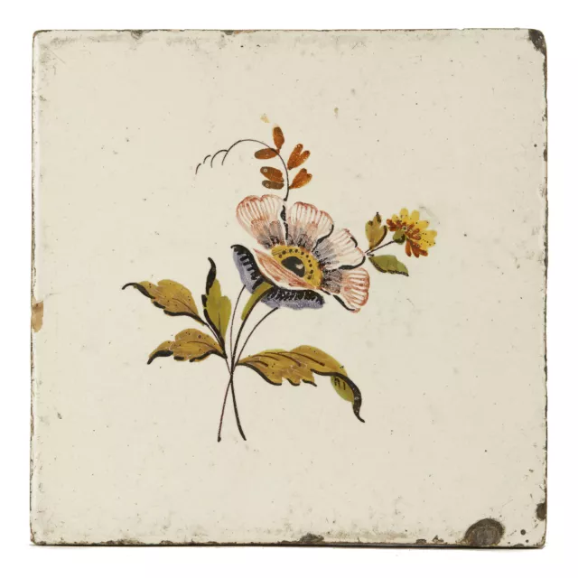 Large English Attributed Floral Painted Delft Tile 18Th C.