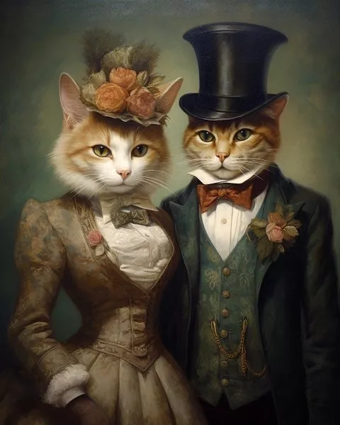 Victorian Lady Gentleman Cat Couple Elegance  Feline Portrait 8x10 Art Print C26