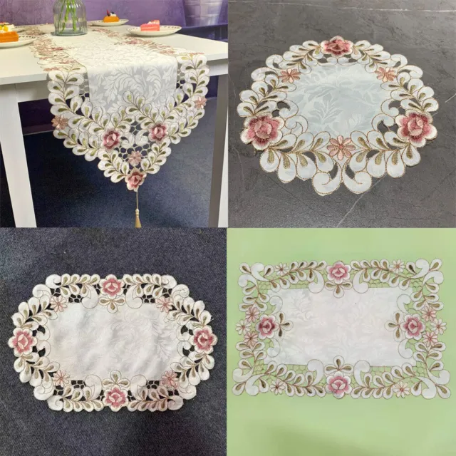 Vintage Embroidered Cutwork Lace Table Runner Flower Placemat Wedding Home Decor