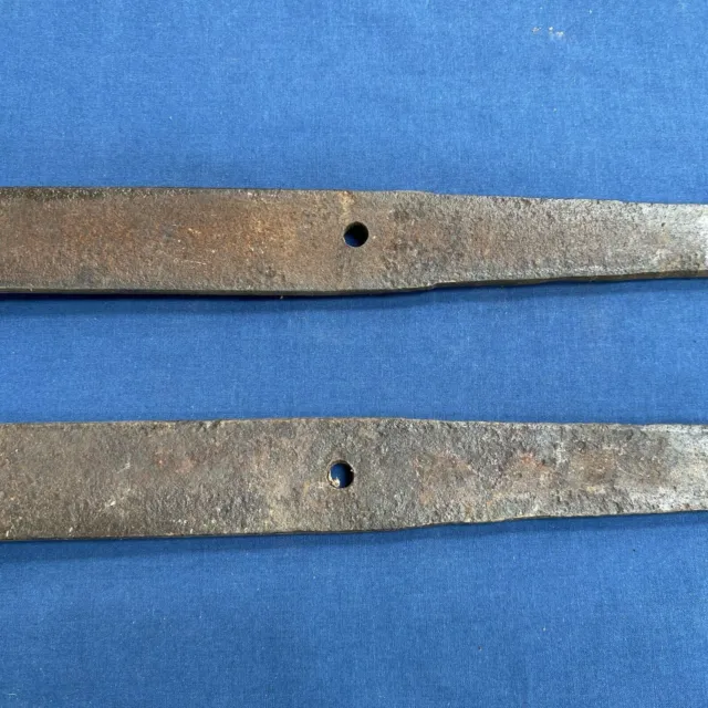 Pair Antique Hand Forged Iron Barn Door Strap Hinges 20 5/8" & 20 1/8" 9